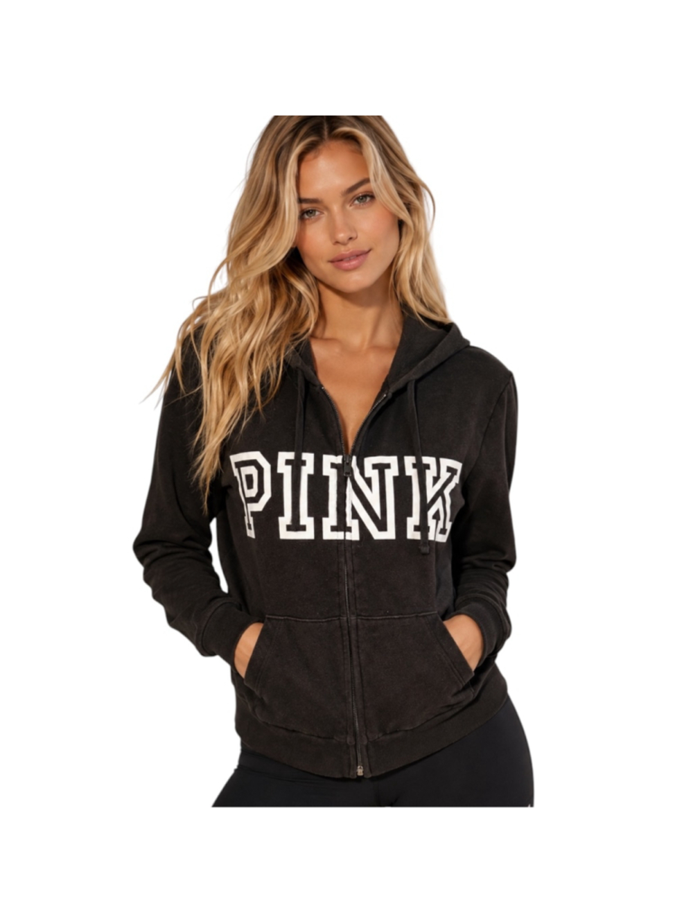 Victoria’s Secret PINK Black Full Zip Hoodie Large Spellout Logo Hooded Sweatshi